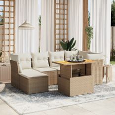 Salon de jardin avec coussins 7 pcs beige résine tressée