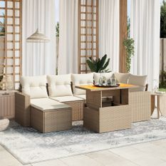 Salon de jardin avec coussins 7 pcs beige résine tressée