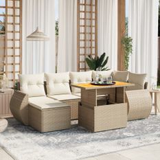 Salon de jardin avec coussins 7 pcs beige résine tressée