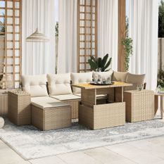 Salon de jardin avec coussins 7 pcs beige résine tressée