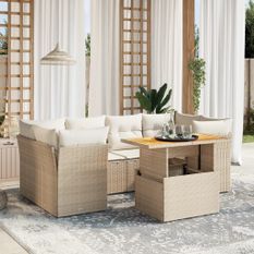 Salon de jardin avec coussins 7 pcs beige résine tressée