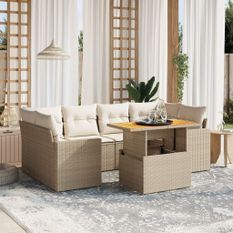 Salon de jardin avec coussins 7 pcs beige résine tressée