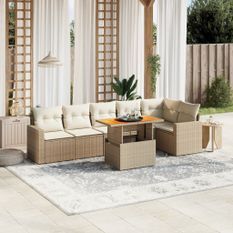 Salon de jardin avec coussins 7 pcs beige résine tressée