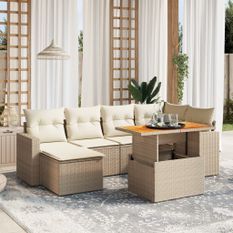 Salon de jardin avec coussins 7 pcs beige résine tressée