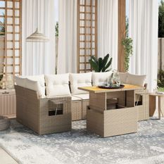 Salon de jardin avec coussins 7 pcs beige résine tressée