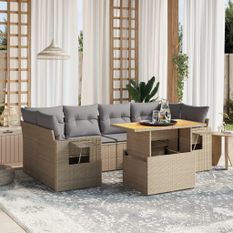 Salon de jardin avec coussins 7 pcs beige résine tressée