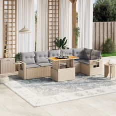 Salon de jardin avec coussins 7 pcs beige résine tressée