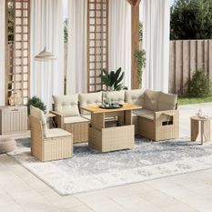 Salon de jardin avec coussins 7 pcs beige résine tressée