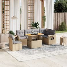 Salon de jardin avec coussins 7 pcs beige résine tressée