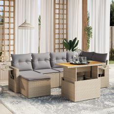 Salon de jardin avec coussins 7 pcs beige résine tressée