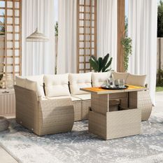 Salon de jardin avec coussins 7 pcs beige résine tressée