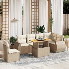 Salon de jardin avec coussins 7 pcs beige résine tressée