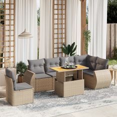 Salon de jardin avec coussins 7 pcs beige résine tressée