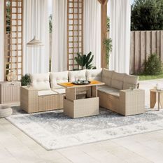 Salon de jardin avec coussins 7 pcs beige résine tressée