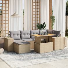 Salon de jardin avec coussins 7 pcs beige résine tressée