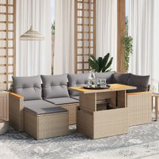 Salon de jardin avec coussins 7 pcs beige résine tressée