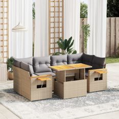 Salon de jardin avec coussins 7 pcs beige résine tressée