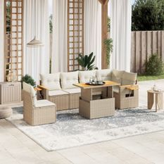 Salon de jardin avec coussins 7 pcs beige résine tressée