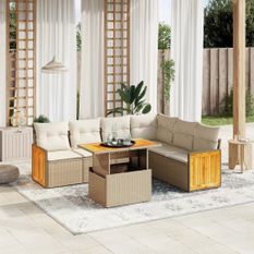 Salon de jardin avec coussins 7 pcs beige résine tressée