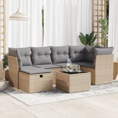 Salon de jardin avec coussins 7 pcs beige résine tressée