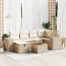 Salon de jardin avec coussins 7 pcs beige résine tressée