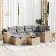 Salon de jardin avec coussins 7 pcs beige résine tressée