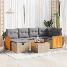 Salon de jardin avec coussins 7 pcs beige résine tressée