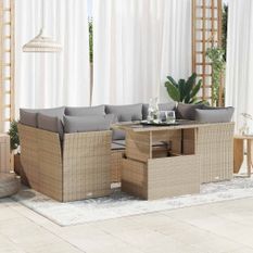 Salon de jardin avec coussins 7 pcs beige résine tressée