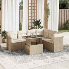 Salon de jardin avec coussins 7 pcs beige résine tressée