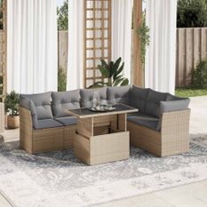 Salon de jardin avec coussins 7 pcs beige résine tressée