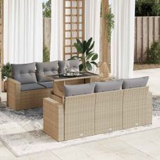 Salon de jardin avec coussins 7 pcs beige résine tressée