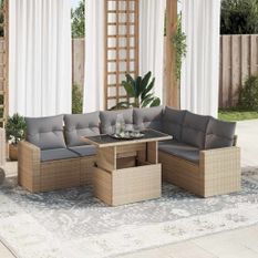 Salon de jardin avec coussins 7 pcs beige résine tressée