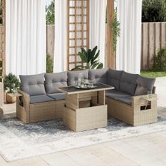 Salon de jardin avec coussins 7 pcs beige résine tressée