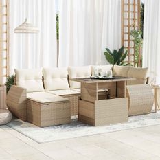 Salon de jardin avec coussins 7 pcs beige résine tressée