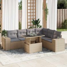 Salon de jardin avec coussins 7 pcs beige résine tressée