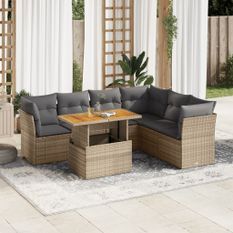 Salon de jardin avec coussins 7 pcs beige résine tressée