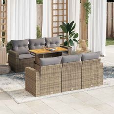 Salon de jardin avec coussins 7 pcs beige résine tressée