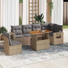 Salon de jardin avec coussins 7 pcs beige résine tressée