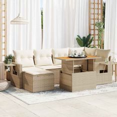 Salon de jardin avec coussins 7 pcs beige résine tressée