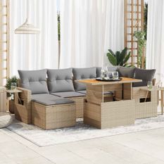 Salon de jardin avec coussins 7 pcs beige résine tressée