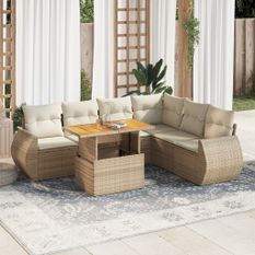 Salon de jardin avec coussins 7 pcs beige résine tressée