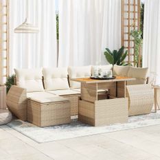 Salon de jardin avec coussins 7 pcs beige résine tressée