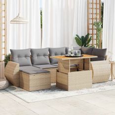 Salon de jardin avec coussins 7 pcs beige résine tressée