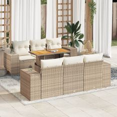 Salon de jardin avec coussins 7 pcs beige résine tressée