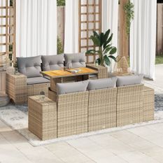 Salon de jardin avec coussins 7 pcs beige résine tressée