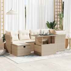 Salon de jardin avec coussins 7 pcs beige résine tressée