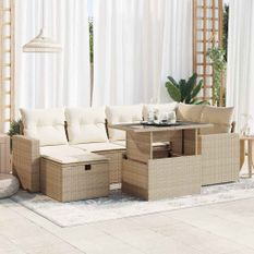 Salon de jardin avec coussins 7 pcs beige résine tressée