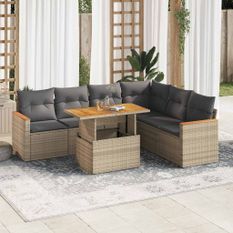 Salon de jardin avec coussins 7 pcs beige résine tressée acacia