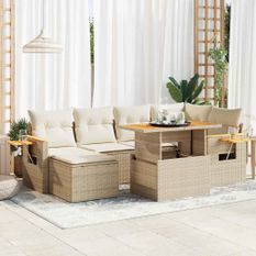 Salon de jardin avec coussins 7 pcs beige résine tressée acacia