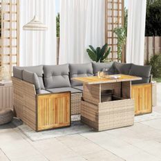 Salon de jardin avec coussins 7 pcs beige résine tressée acacia